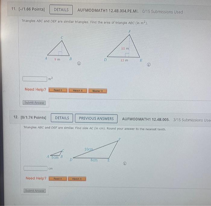 Solved Triangles ABC and DEF are similar triangles. Find the