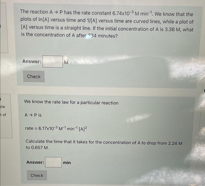 Solved The reaction A + P has the rate constant 6.74x10-3 M | Chegg.com