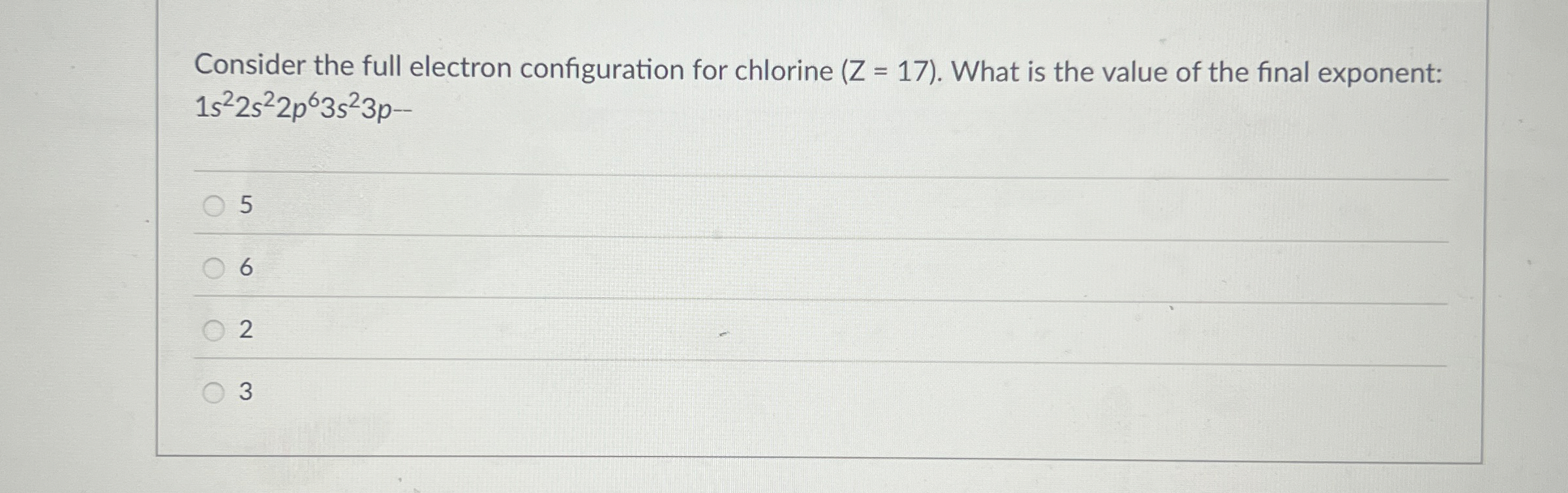 Solved Consider the full electron configuration for chlorine