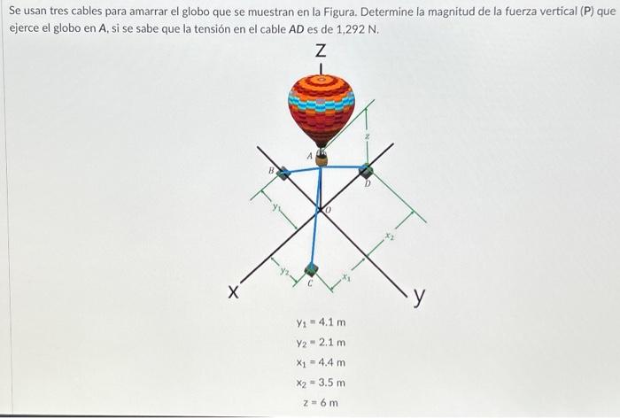 Se usan tres cables para amarrar el globo que se muestran en la Figura. Determine la magnitud de la fuerza vertical (P) que e