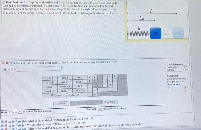 Solved (33%) Problem 3: A spring with stiffness of k-3.5 | Chegg.com