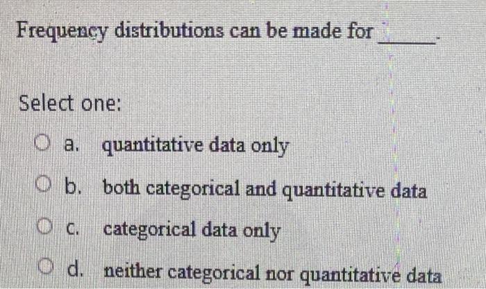 Solved Frequency distributions can be made for Select one: O 