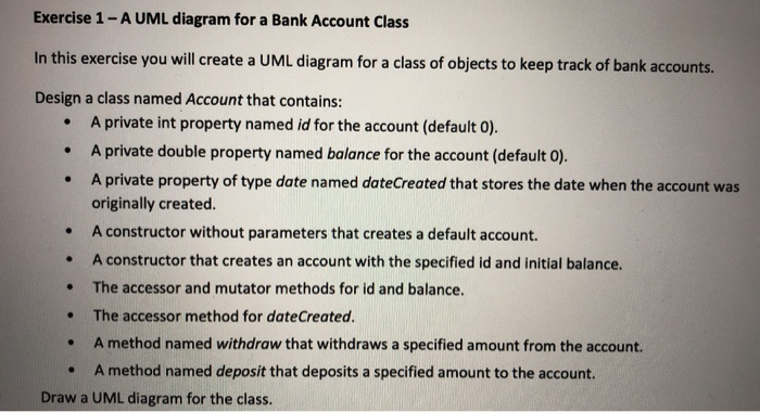 Solved Exercise 1 - A UML diagram for a Bank Account Class | Chegg.com