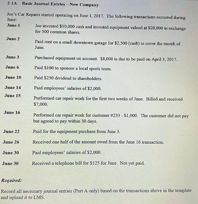 Solved 21A Basic Journal Entries New Company Joe's Car