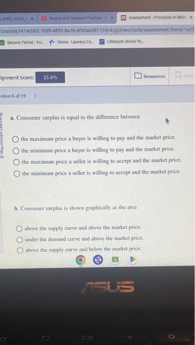 Solved a. Consumer surplus is equal to the difference | Chegg.com