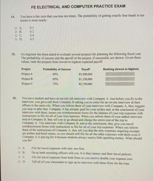 FE ELECTRICAL AND COMPUTER PRACTICE EXAM 14. You have | Chegg.com