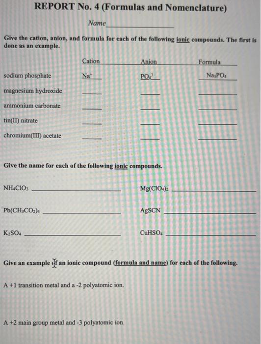 Give the cation, anion, and formula for each of the following ionic compounds. The first is done as an example.
Give the name