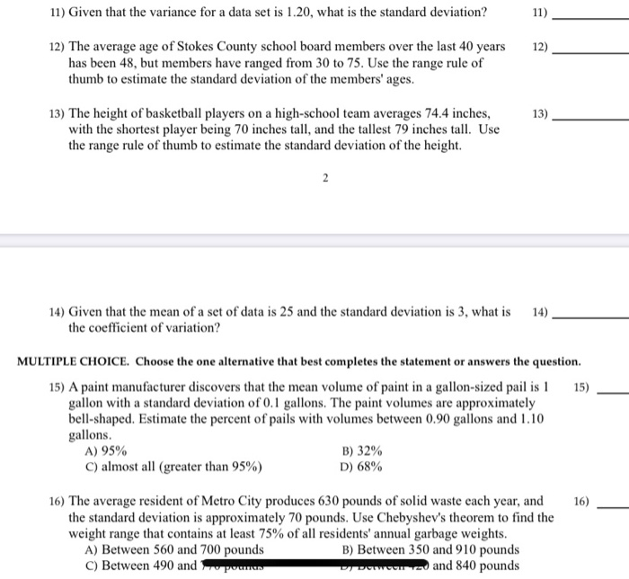 Solved 11) Given that the variance for a data set is 1.20, | Chegg.com