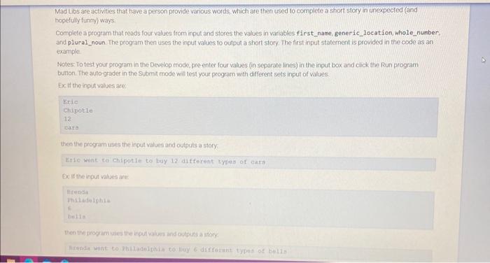 Solved Mad libs are activites that have a person provide | Chegg.com