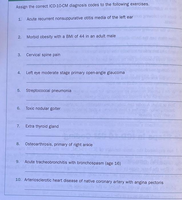 Solved Assign the correct ICD-10-CM diagnosis codes to the | Chegg.com