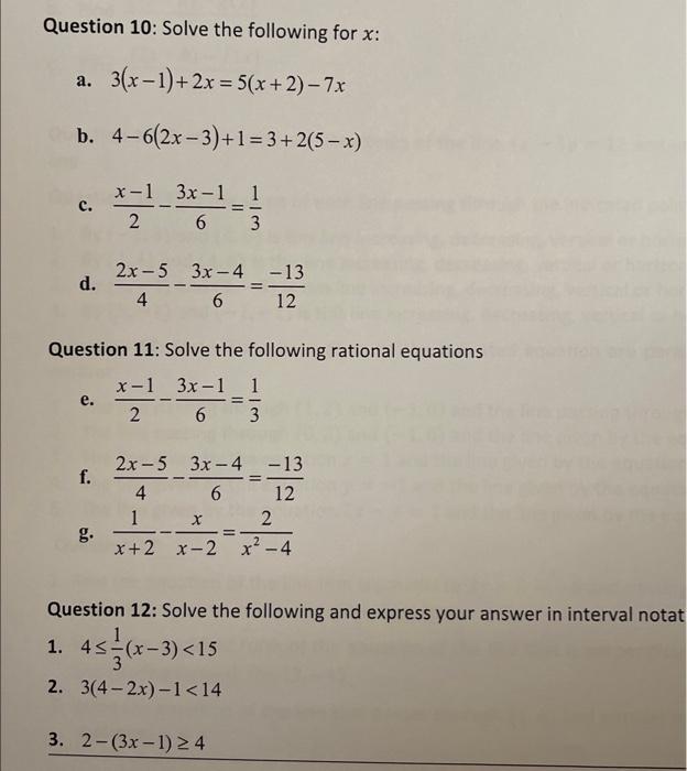 Question 10: Solve the following for x : a. | Chegg.com
