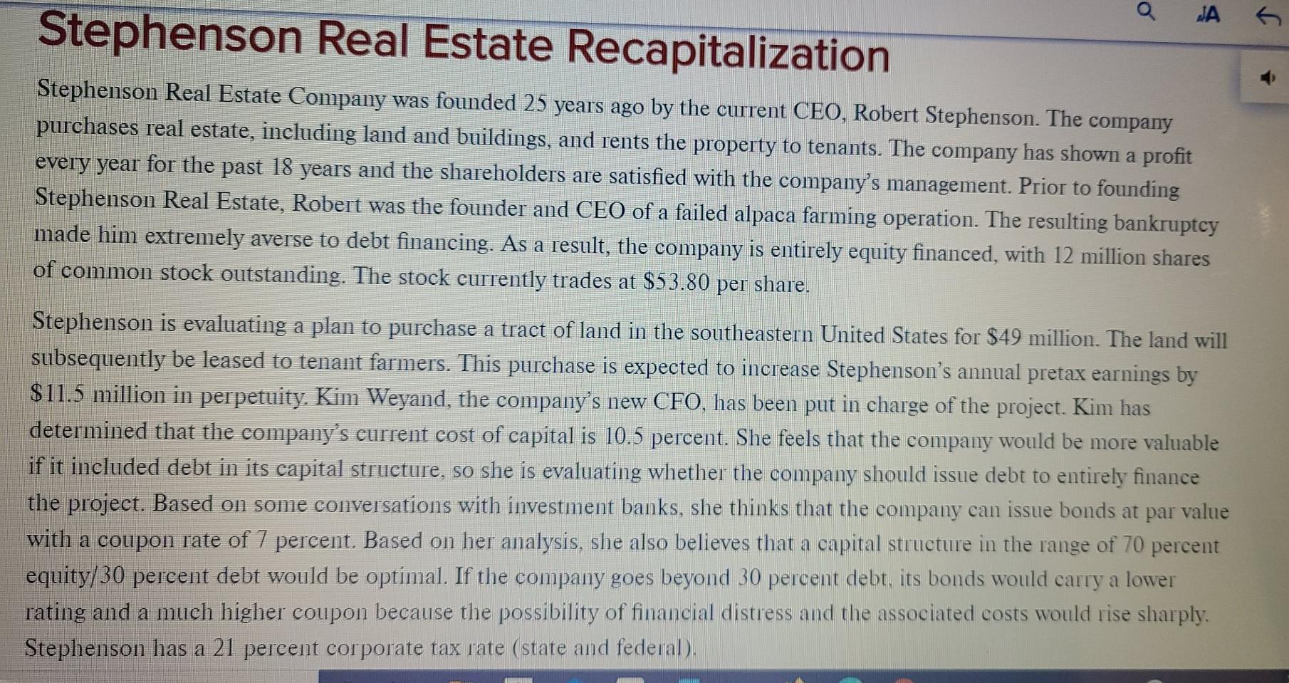 Solved a JA 6 Stephenson Real Estate Recapitalization