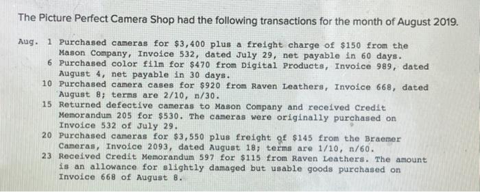 Solved The Picture Perfect Camera Shop had the following | Chegg.com