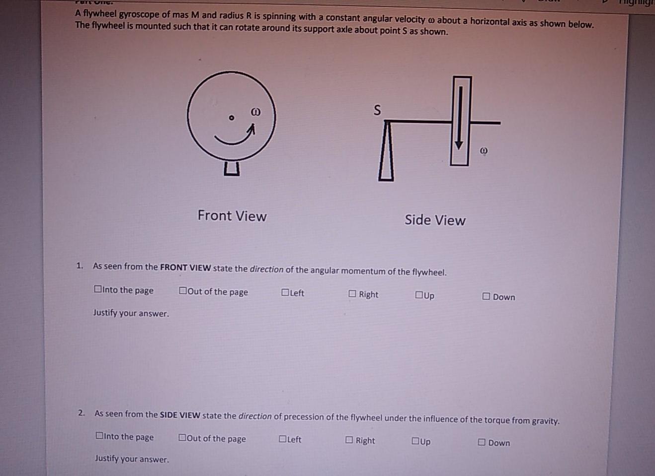 Solved A flywheel gyroscope of mas M and radius R is | Chegg.com
