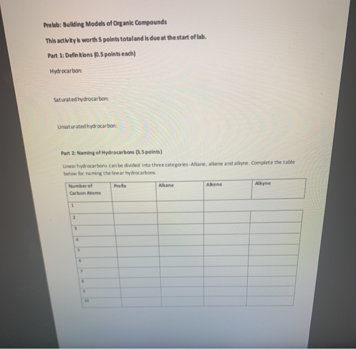 Solved Prelab Building Models of Organic Compounds This