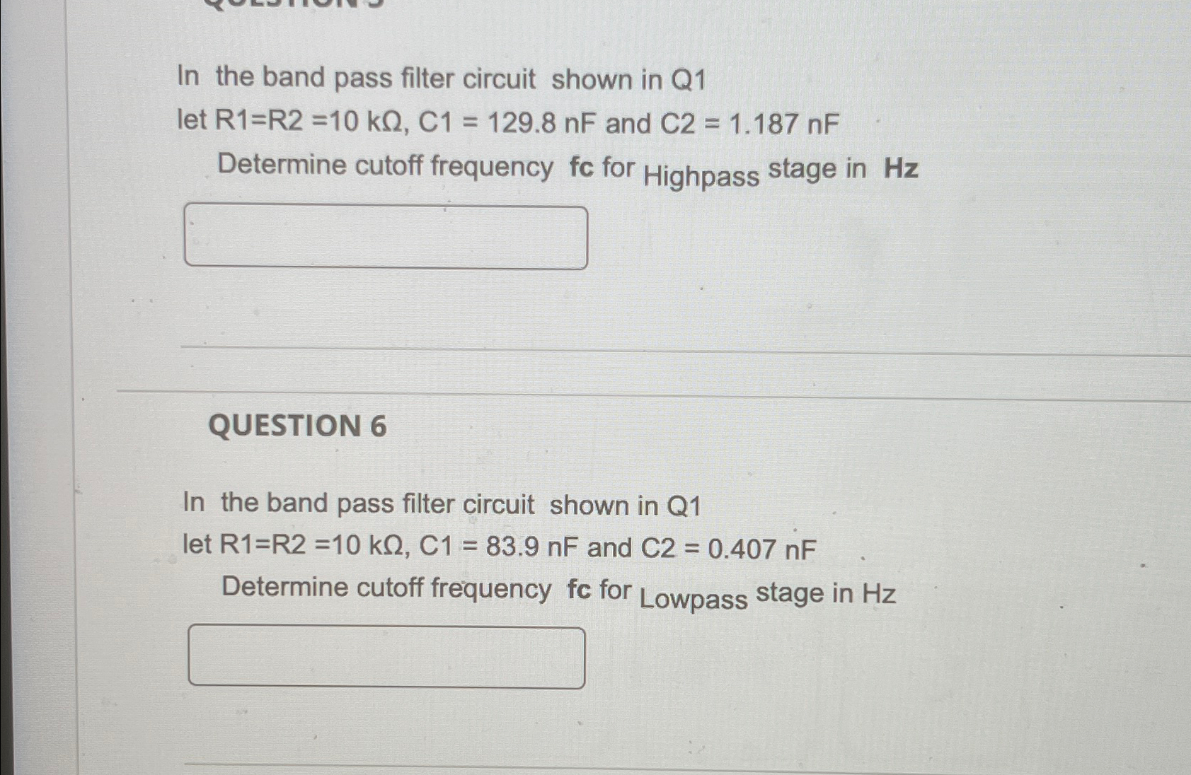 Solved In the band pass filter circuit shown in Q1 ﻿let | Chegg.com