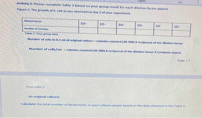 Protocol: Day 2 Calculate the number of bacteria per | Chegg.com