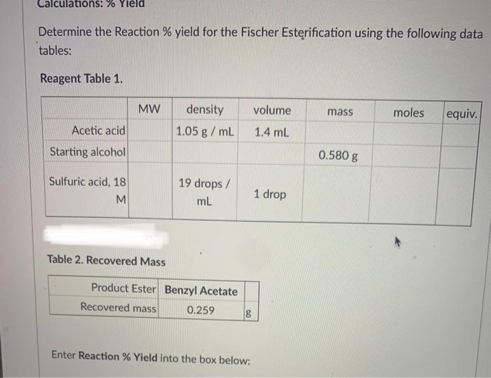 Solved Calculations: % Yield Determine the Reaction % yield | Chegg.com