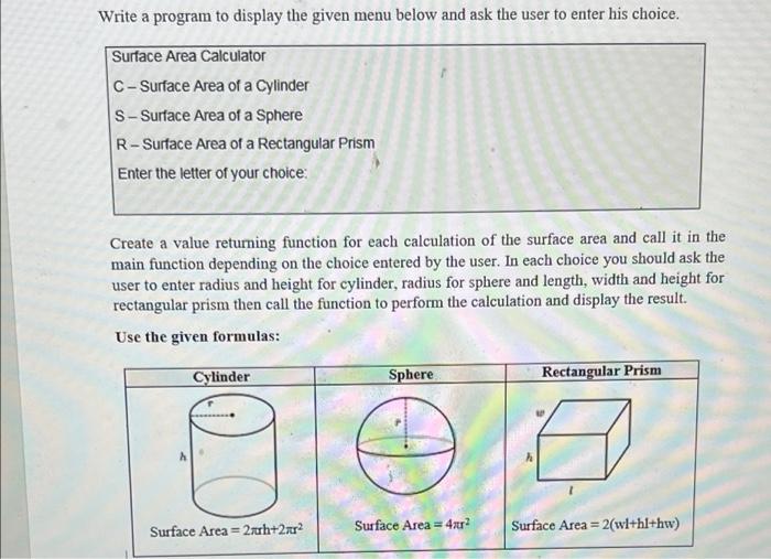 Solved Write a program to display the given menu below and | Chegg.com