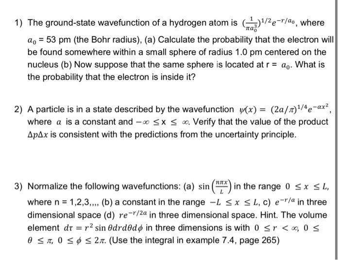 Solved 1) The Ground-state Wavefunction Of A Hydrogen Atom | Chegg.com