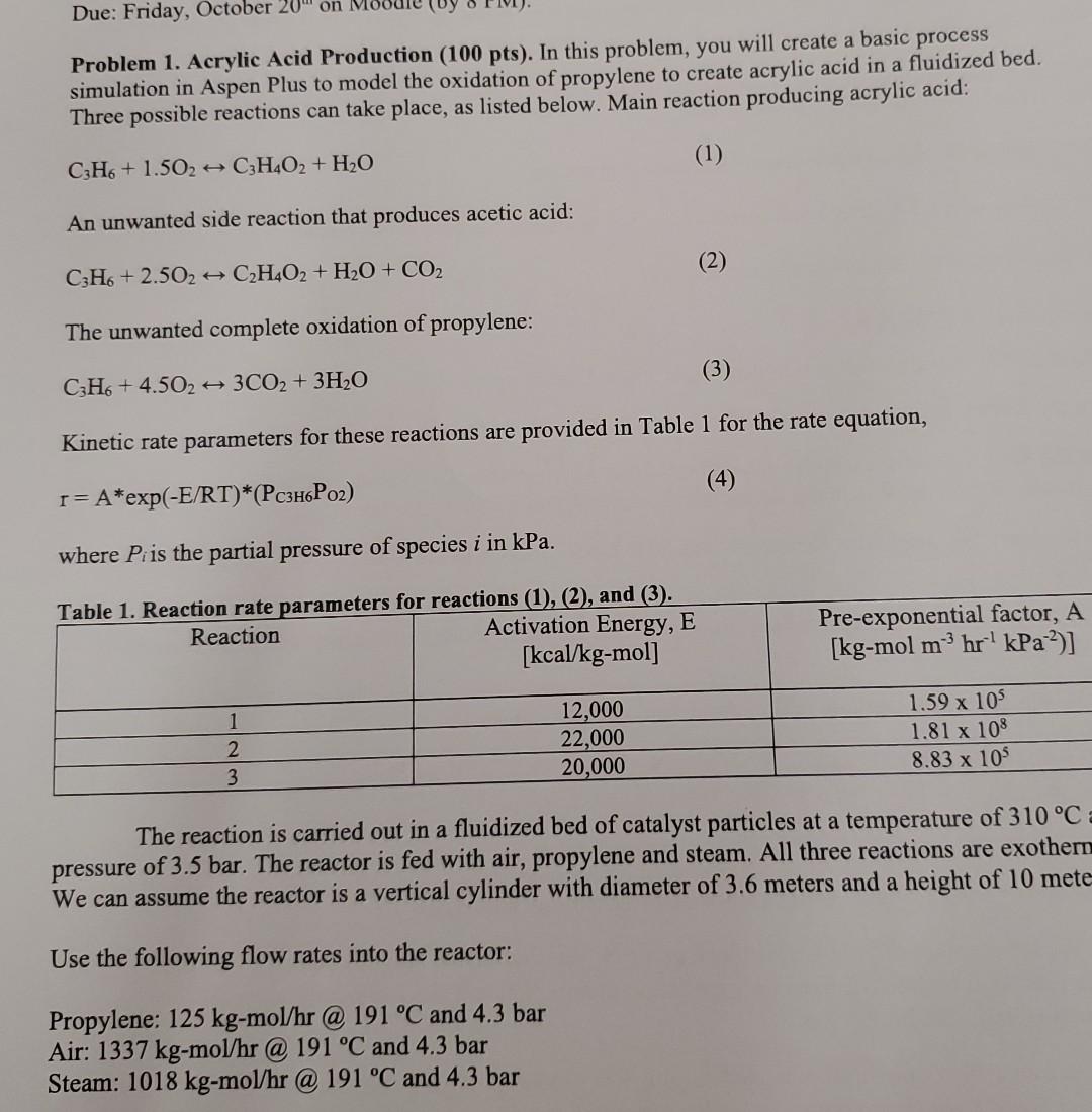 Problem 1. Acrylic Acid Production (100 pts). In this | Chegg.com