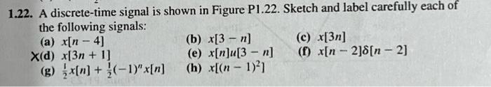 1.22. A discrete-time signal is shown in Figure P1.22. Sketch and label carefully each of the following signals:
(a) \( x[n-4