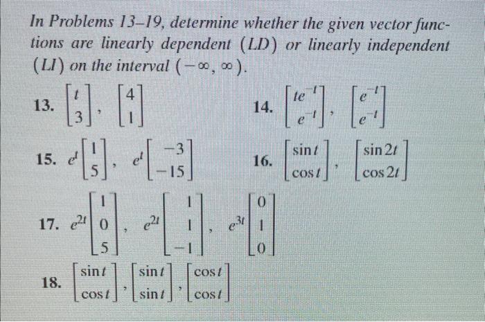 Solved In Problems 13-19, determine whether the given vector | Chegg.com