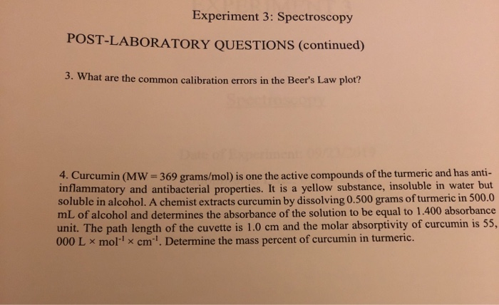 Solved Experiment 3: Spectroscopy POST-LABORATORY QUESTIONS | Chegg.com