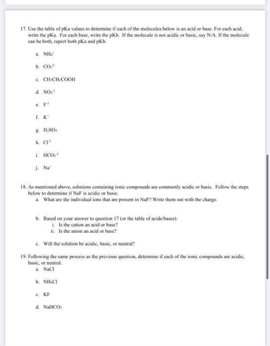 Solved 17. Use the table of pka values to determine if each | Chegg.com