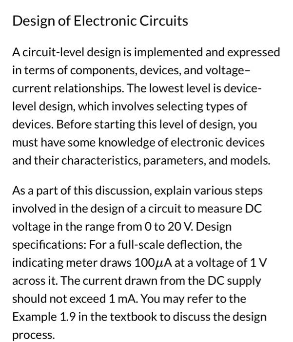 Solved Design of Electronic Circuits A circuitlevel design Circuit Diagram