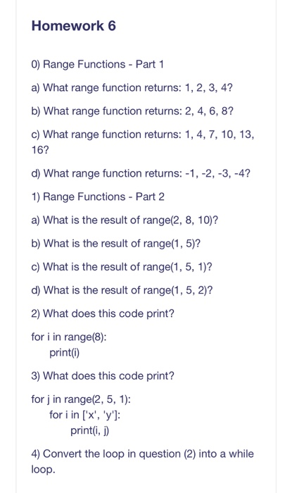 Solved Homework 6 O) Range Functions - Part 1 a) What range | Chegg.com