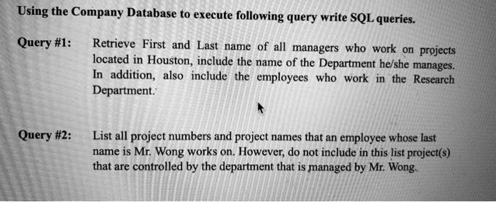 Solved Using the Company Database to execute following query | Chegg.com