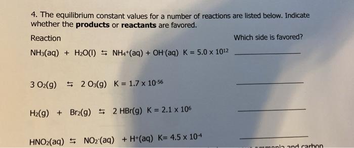 Solved 4. The equilibrium constant values for a number of | Chegg.com