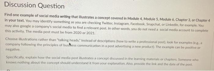 Discussion Question Find one example of social media | Chegg.com
