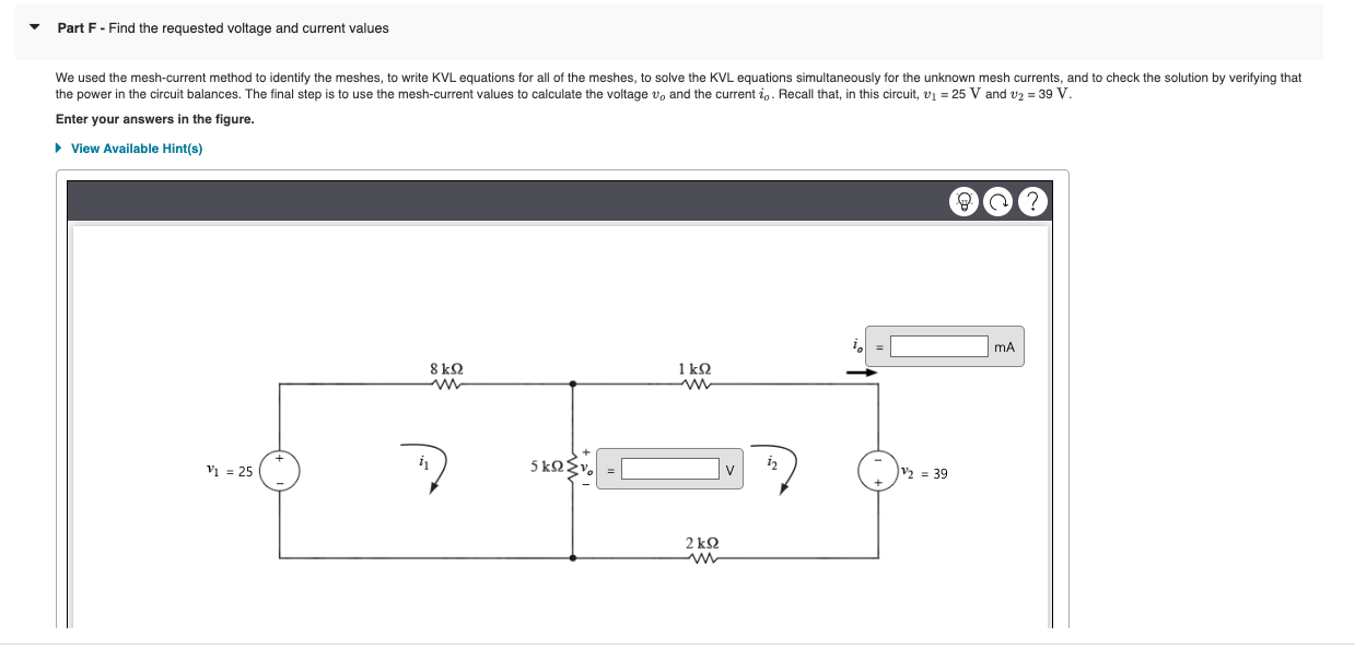 Solved 20Part F - ﻿Find the requested voltage and current | Chegg.com