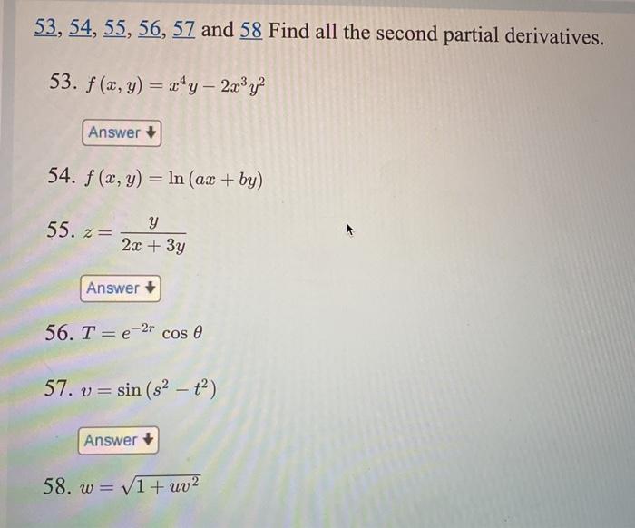 Solved 53, 54, 55, 56, 57 and 58 Find all the second partial | Chegg.com