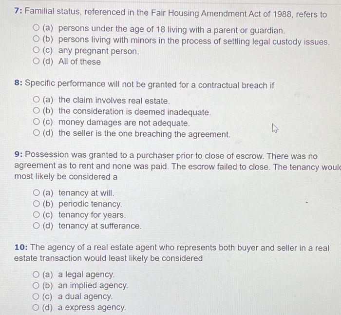 Solved 7 Familial status, referenced in the Fair Housing