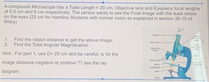 A compound Microscope has a Tube Length \( =20 \mathrm{~cm} \), Objective lens and Eyepiece focal lengths of \( 0.5 \mathrm{~