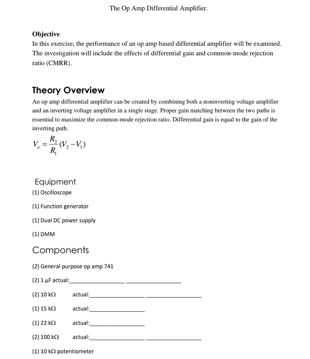 Solved The Op Amp Differential Amplifier. Objective In this