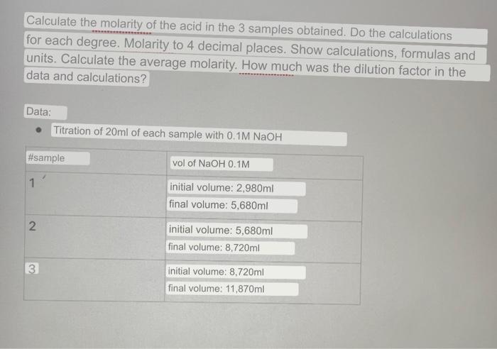 Solved Calculate the molarity of the acid in the 3 samples | Chegg.com