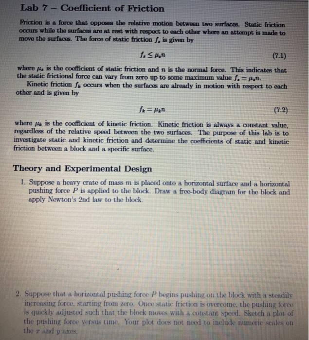 Solved Lab 7 - Coefficient of Friction Friction is a force | Chegg.com