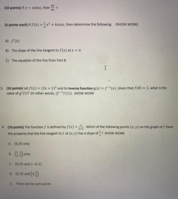 10 Points If Y Xsinx Then Dy Dx 6 Points Each Chegg 