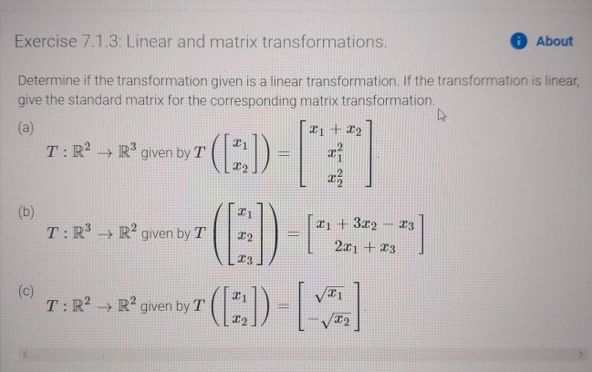 Solved Exercise 7.1.3: Linear And Matrix Transformations. | Chegg.com