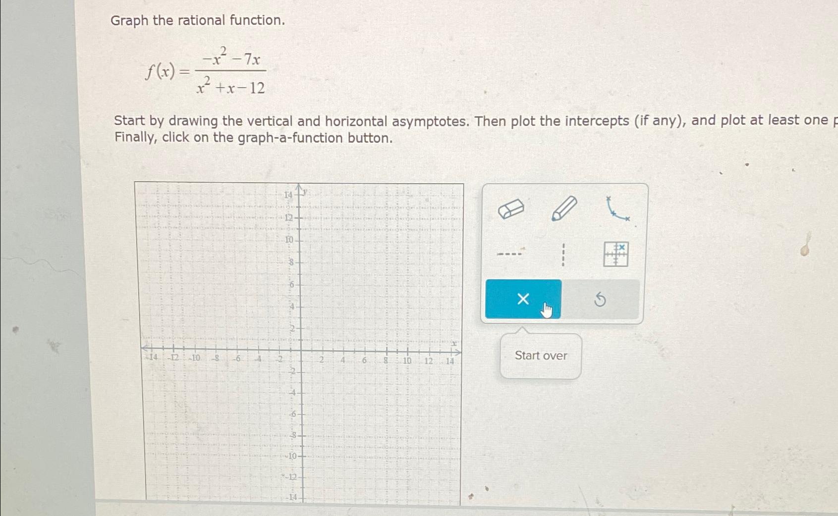 Solved Graph the rational function.f(x)=-x2-7xx2+x-12Start | Chegg.com