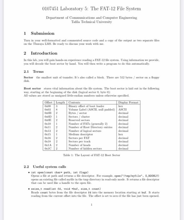 Solved 0107451 Laboratory 5: The FAT-12 File System | Chegg.com