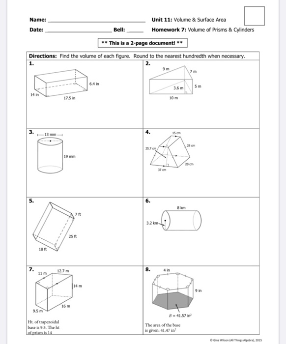 Name Unit 11 Volume Surface Area Date Bell Chegg Com