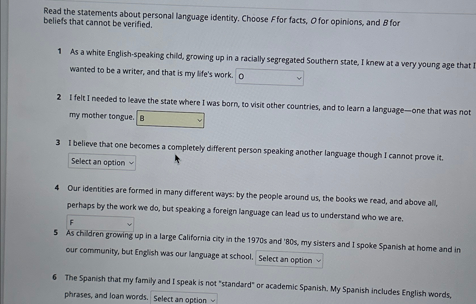 Solved Read the statements about personal language identity. | Chegg.com