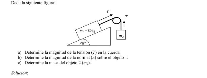 Dada la siguiente figura: a) Determine la magnitud de la tensión \( (T) \) en la cuerda. b) Determine la magnitud de la norma