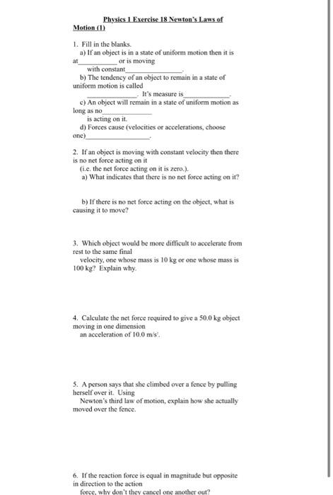 Solved Physics 1 Exercise 18 Newton's Laws Of Motion (1) 1. | Chegg.com