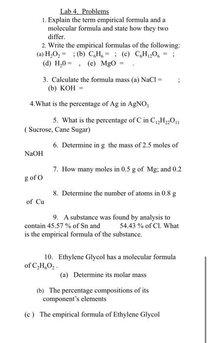 Solved Lab 4. Problems 1. Explain the term empirical formula | Chegg.com